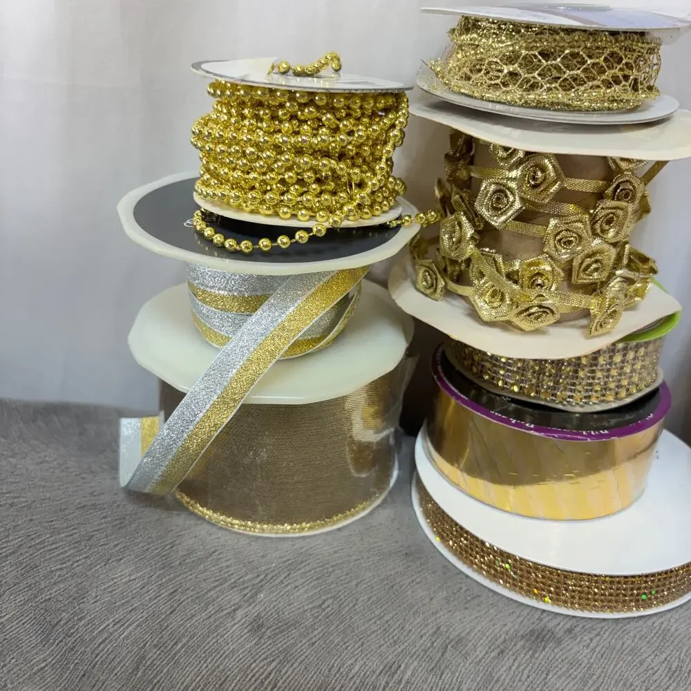 Metallic Gold Crafting Lot Bling Ribbon Embellishments Trim Jewels Gem Stickers